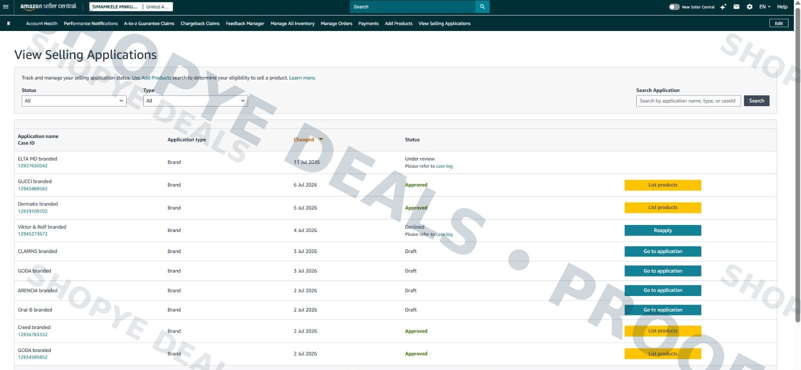 Approved, review, draft and declined application view