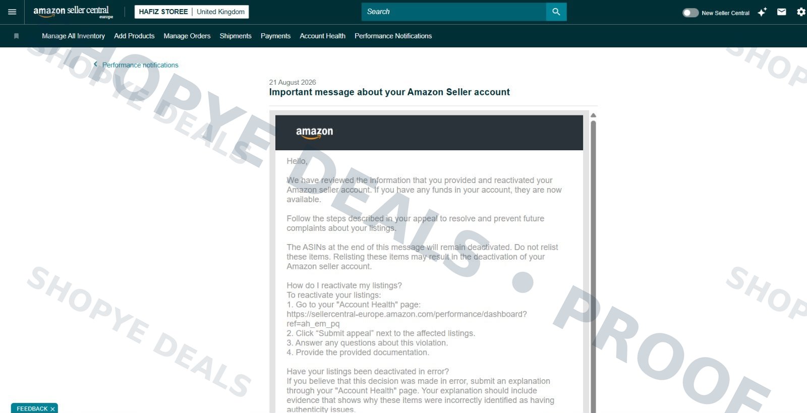 Seller account reactivation notification