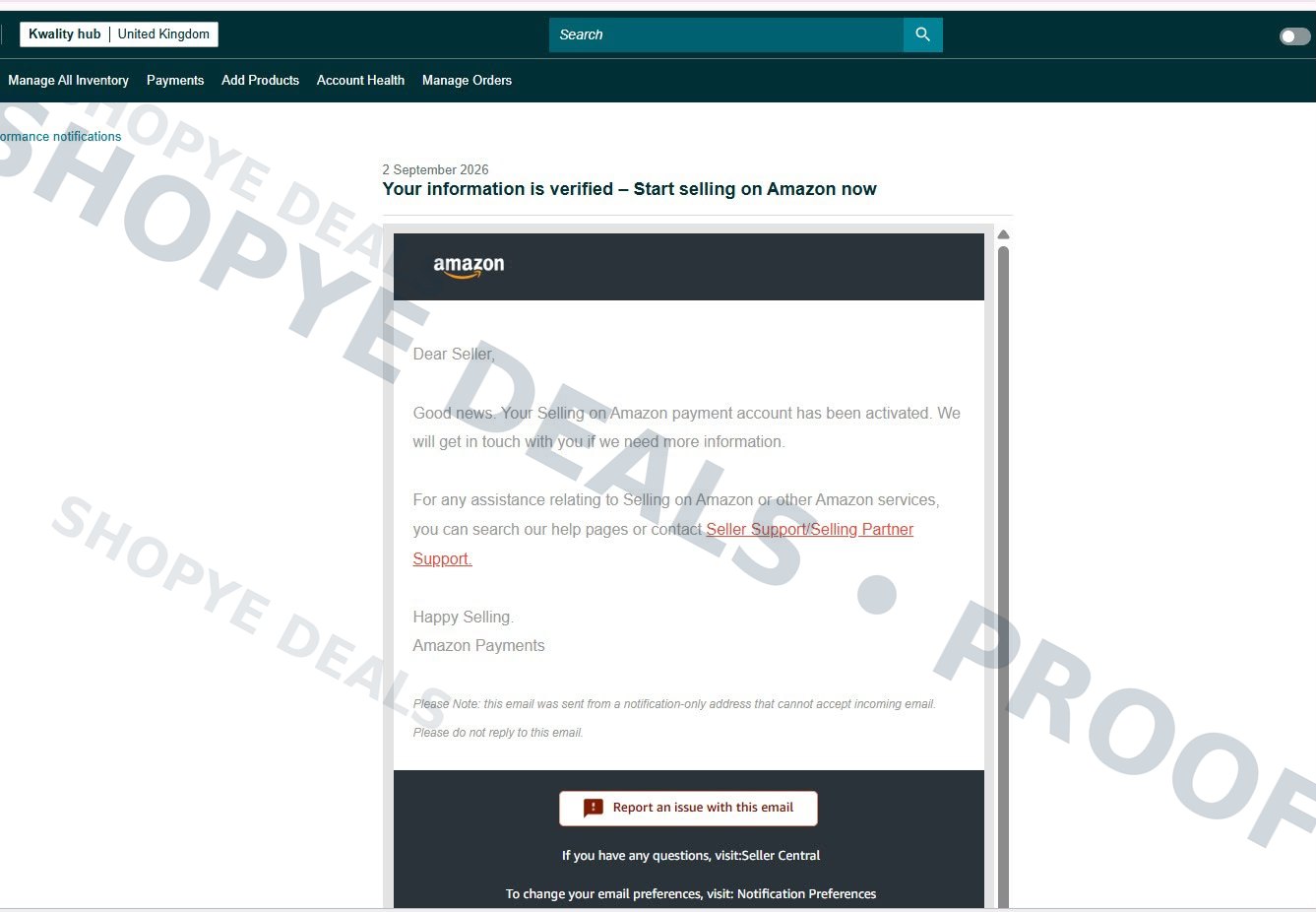 Payment account verification notification