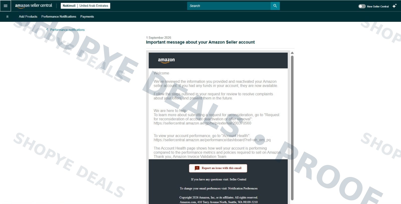 Invoice validation and account reactivation notification